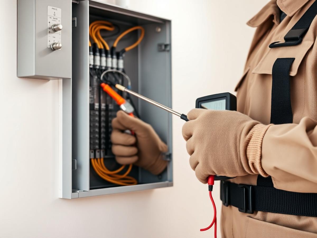 Electrical technician checking an electrical panel with a multimeter and insulated tools
