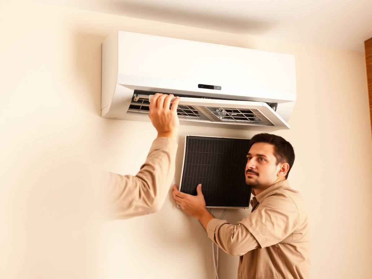 Technician servicing a mini-split air conditioning unit and checking its filter