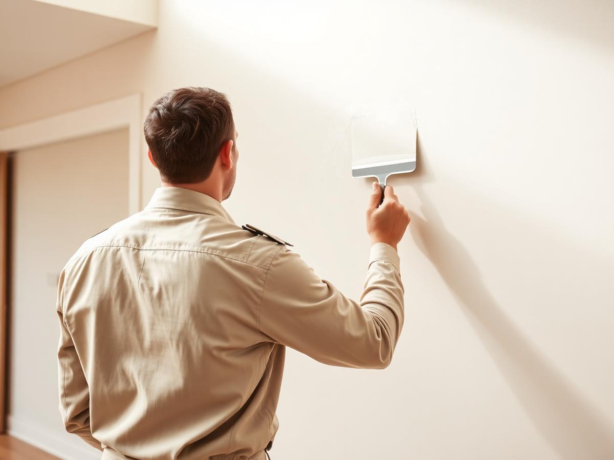 Professional applying fine wall patching and preparing an interior wall for painting